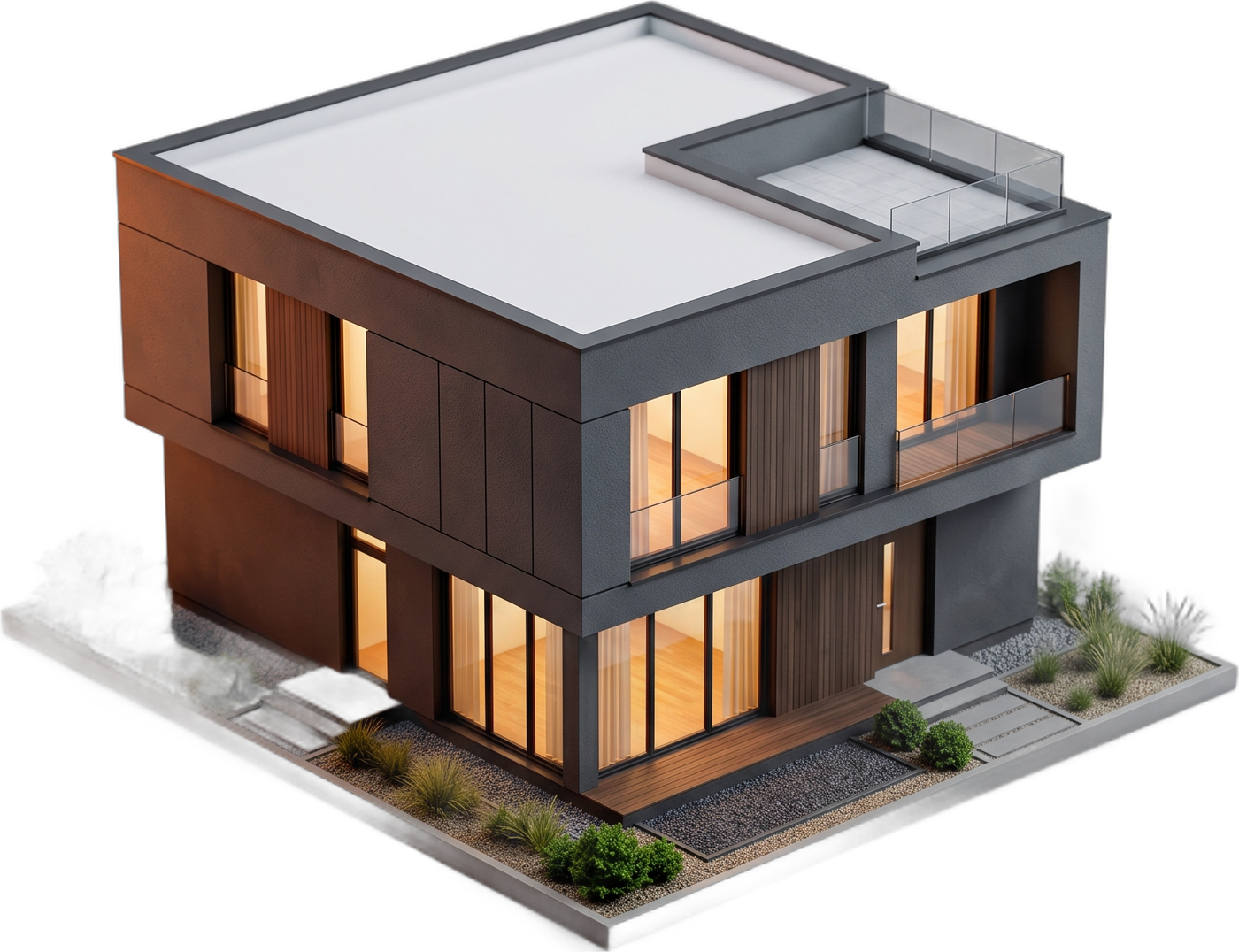 Machetă 3D a unei case moderne cu terasă hidroizolată cu membrană albă
