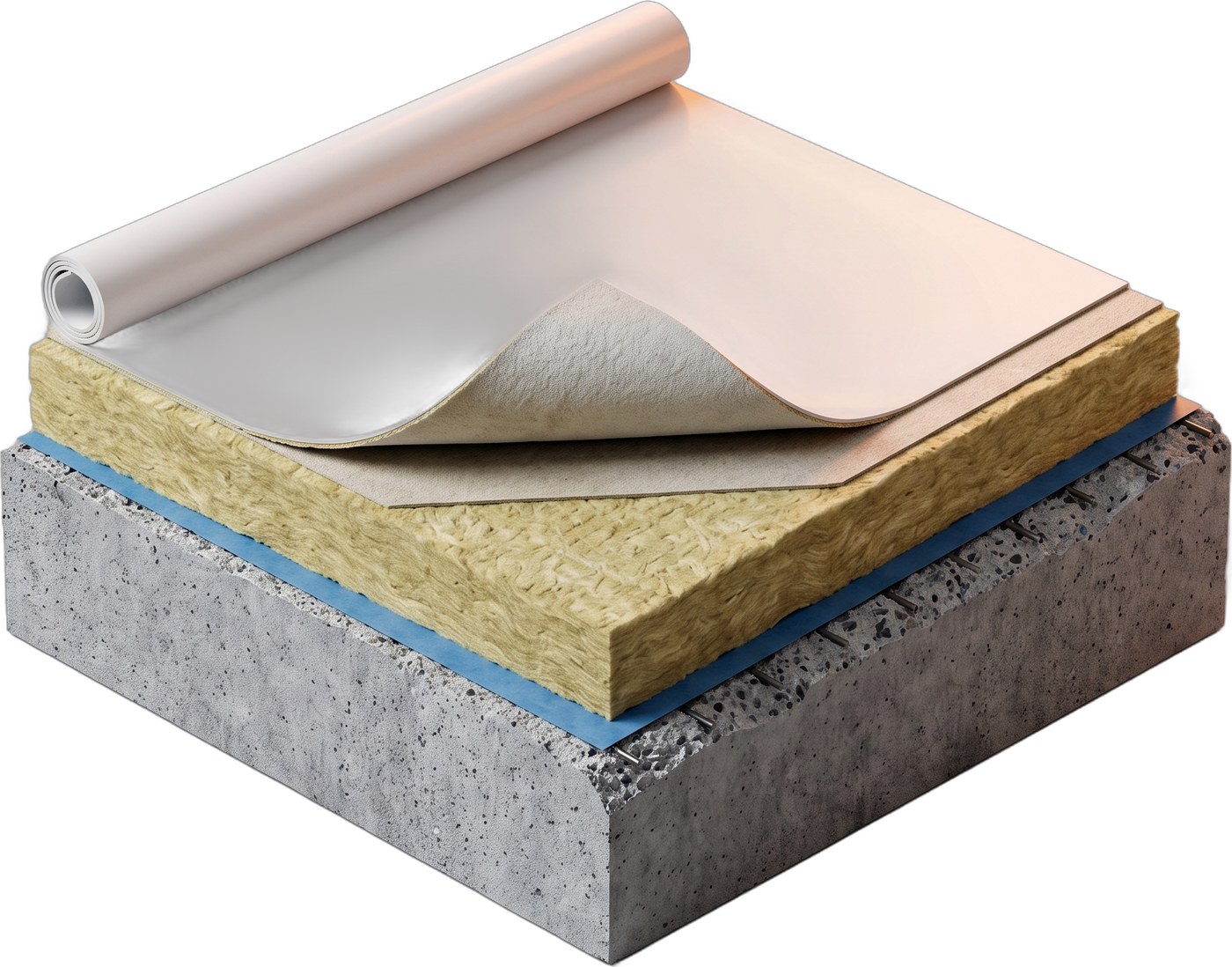 Secțiune 3D prin stratificația unei terase: beton, vată bazaltică, membrană PVC